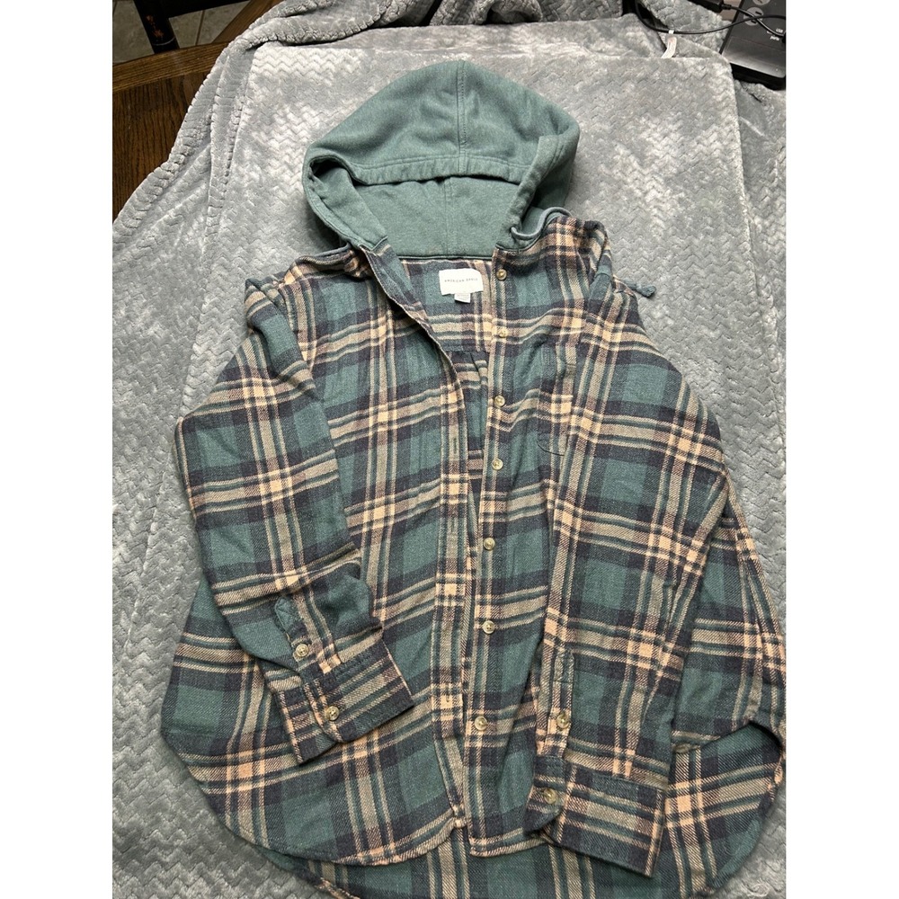 American Eagle Plaid Flannel Hooded Shirt Green Tan XS Long Sleeve Y2K Skater